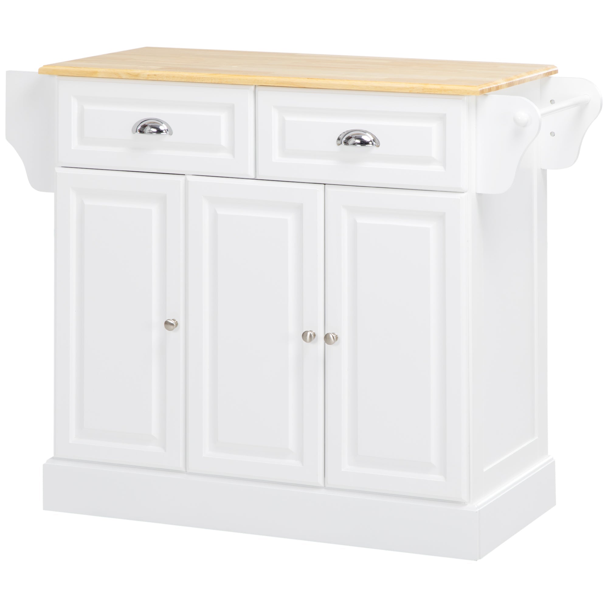HOMCOM Classic Rolling Kitchen Cart: White Island with Rubber Wood Top, Towel Rack, Drawer & Cabinet Storage 