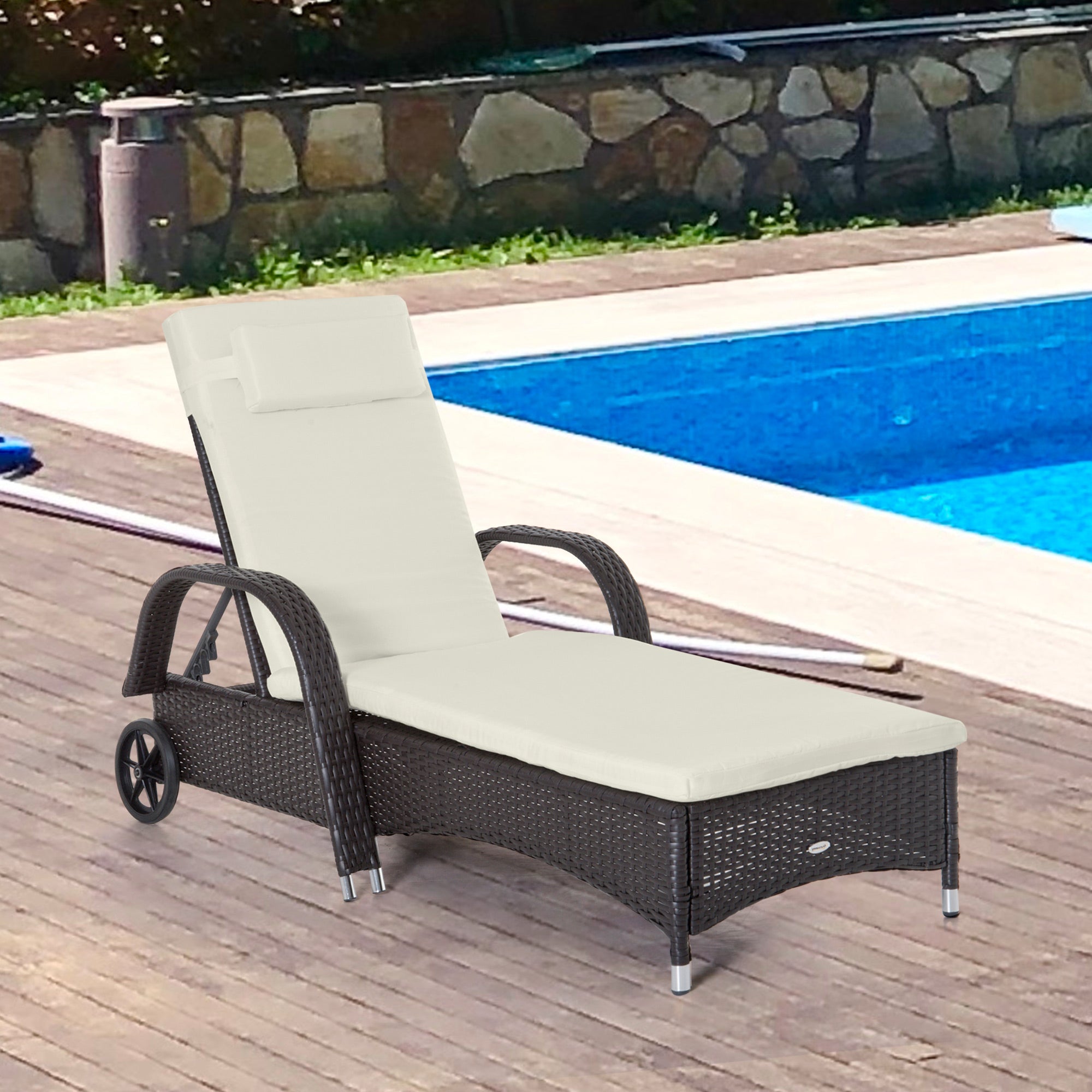 Outsunny Adjustable Rattan Wicker Sun Lounger Outdoor Recliner Chair Garden Chaise Lounge with Cushion 