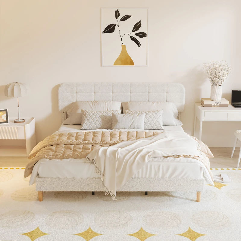 Queen Size Bed Frame with Adjustable Headboard Upholstered Platform Bed Frame with Wood Slat Support Noise Free White