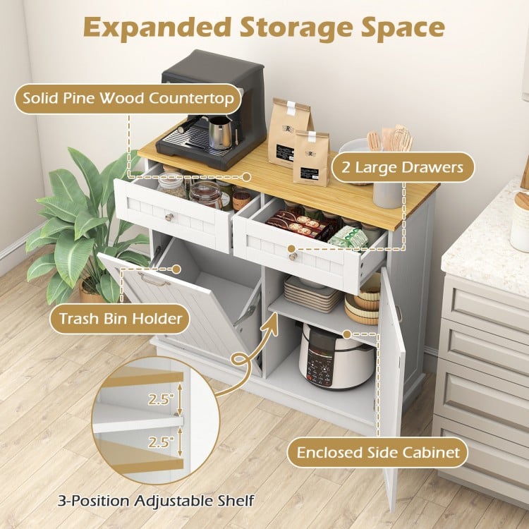 Rubber Wood Kitchen Trash Cabinet with Single Trash Can Holder and Adjustable Shelf-White