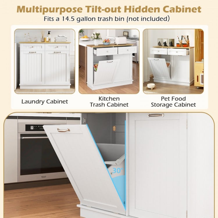 Rubber Wood Kitchen Trash Cabinet with Single Trash Can Holder and Adjustable Shelf-White