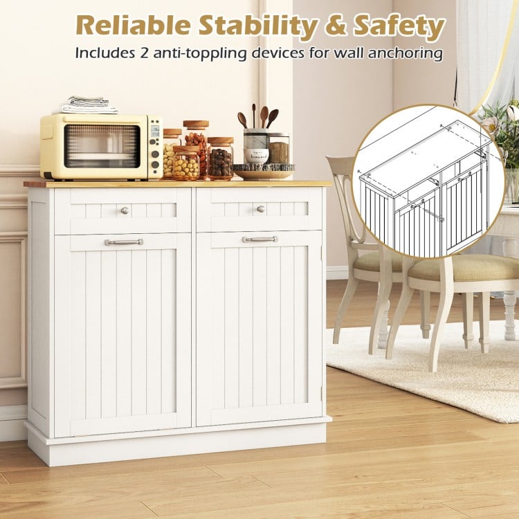 Rubber Wood Kitchen Trash Cabinet with Single Trash Can Holder and Adjustable Shelf-White