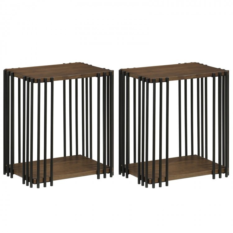 Rubber Wood Side Table Set of 2 with 2-Layer Storage Shelves and Metal Frame-Walnut