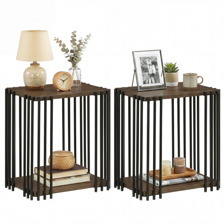 Rubber Wood Side Table Set of 2 with 2-Layer Storage Shelves and Metal Frame-Walnut