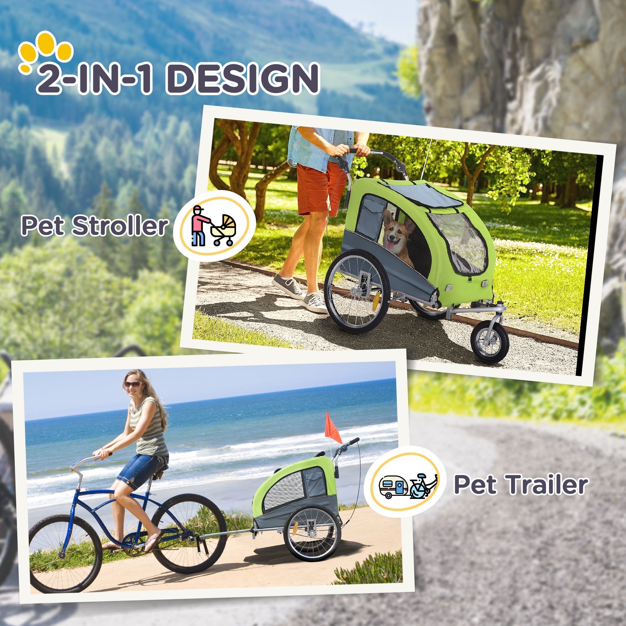 Aosom Dog Bike Trailer 2-In-1 w/ Suspension, Hitch, Storage Pockets, Green 