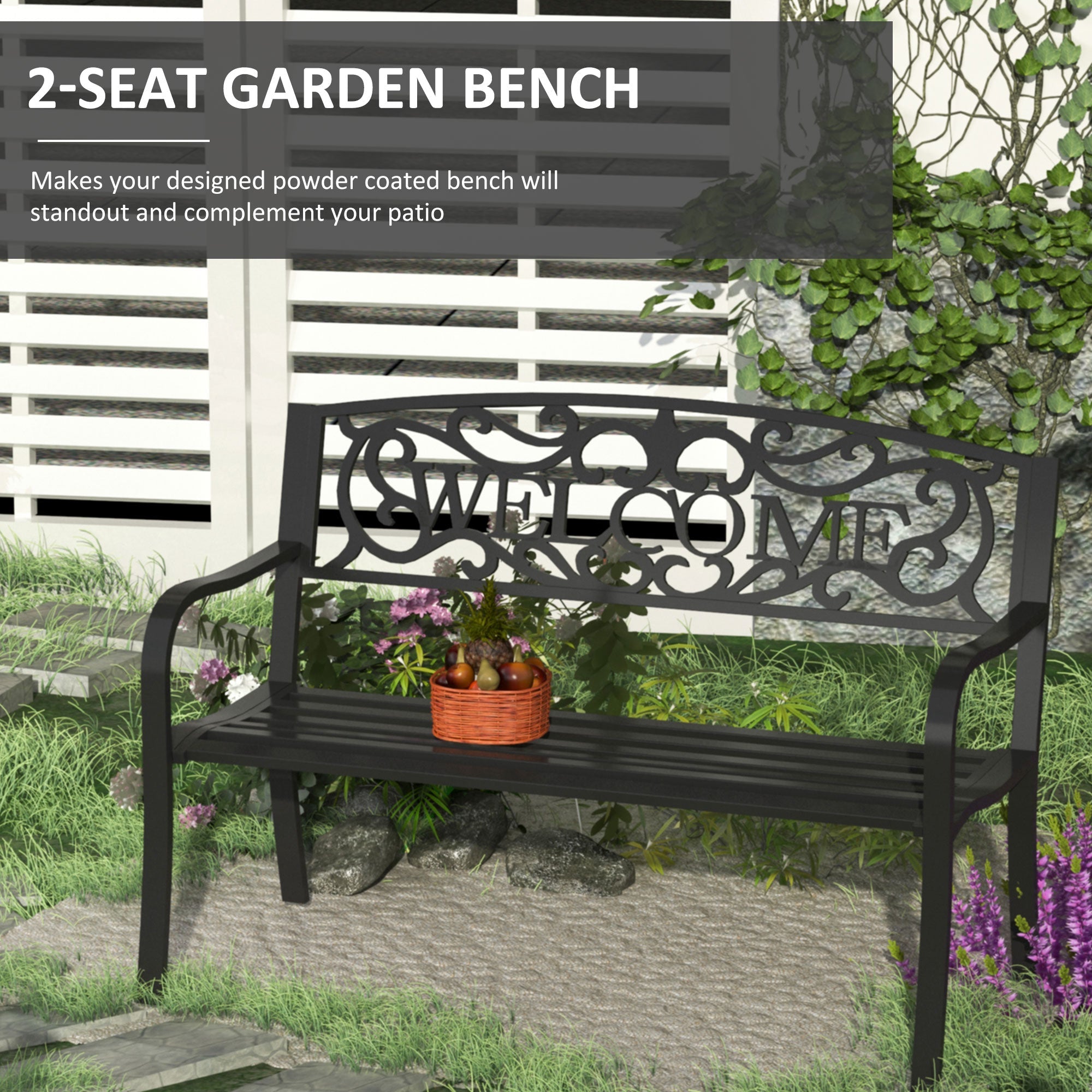Outsunny Garden Bench 50" 2-Seater Patio Decorative Metal Loveseat Romantic Black 