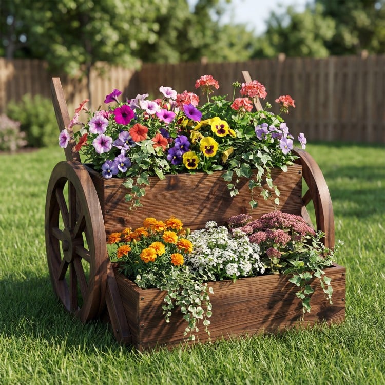 Rustic Wood Wagon Planter 2-Tier Versatile Raised Garden Bed with Wheels-Brown