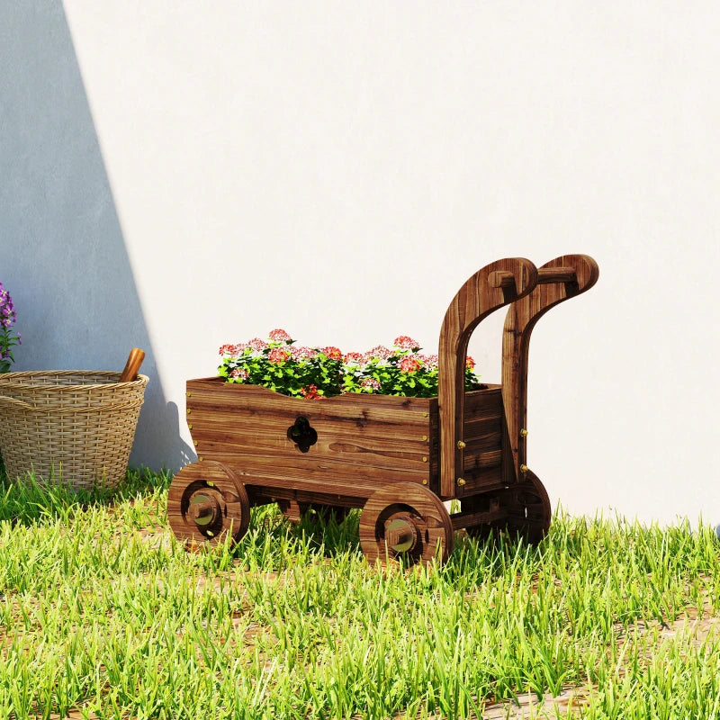 Wagon Flower Planter Cart with Wheels, Garden Wagon with Handle for Outdoor Patio Yard, Carbonized