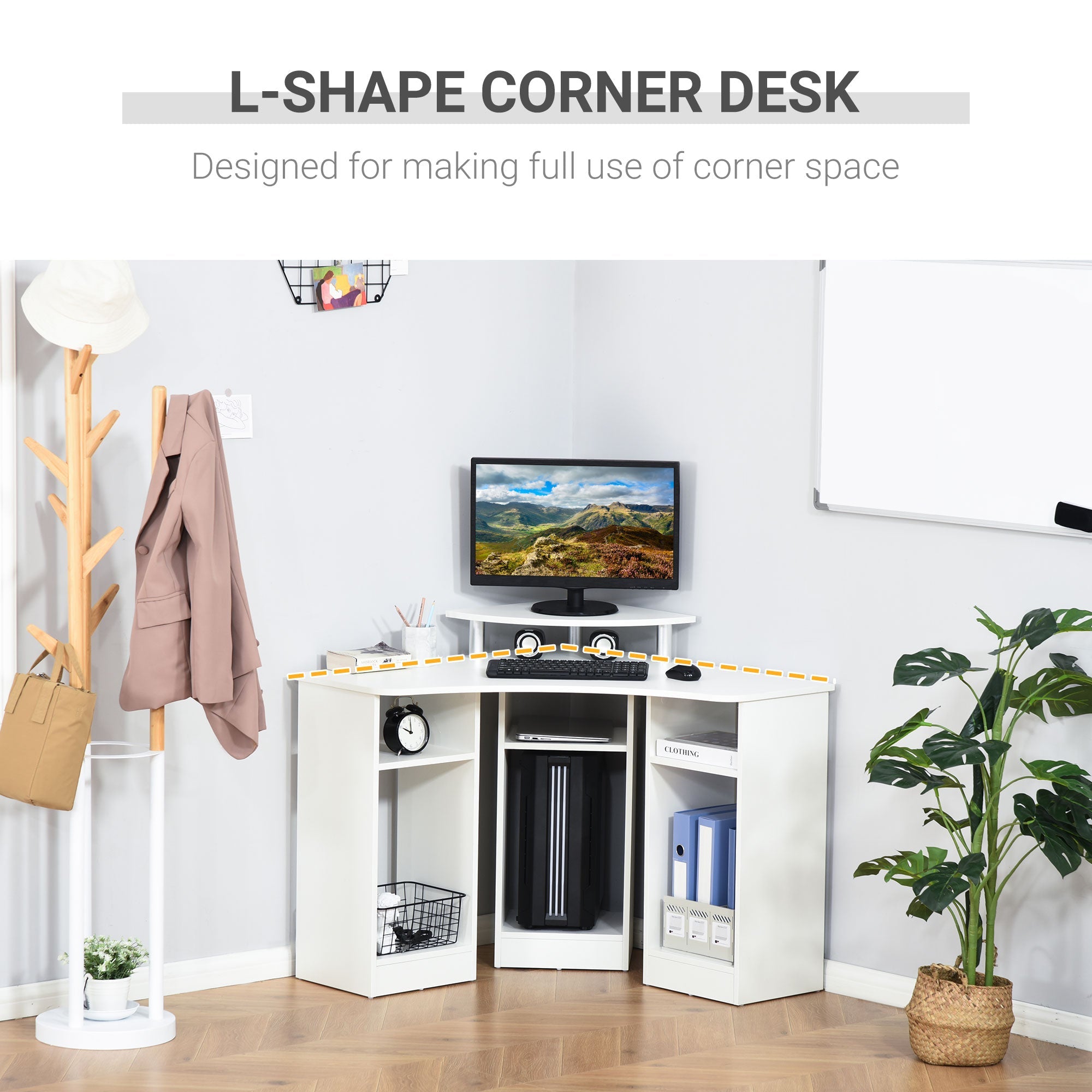HOMCOM L-Shaped Desk with Monitor Stand Home Office Corner Workstation Small Space Solution White 