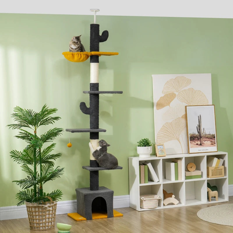 Floor to Ceiling Cat TreeTower with 90.5"-108" Adjustable Height, Scratching Posts, Hammock, Condo, Toy Ball, Dark Grey