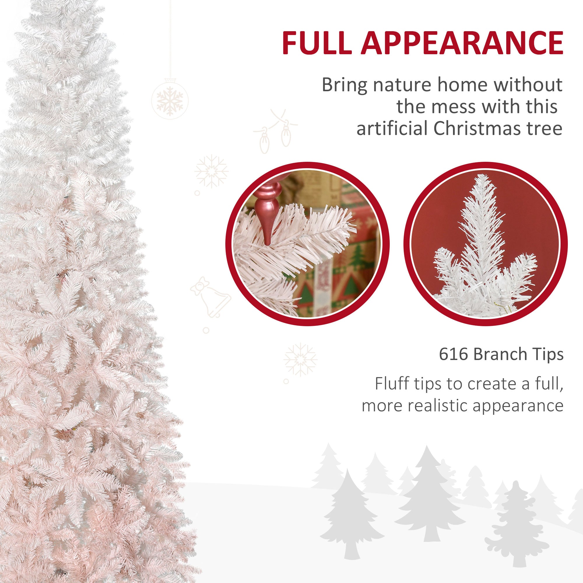 HOMCOM 7ft Pencil Artificial Christmas Tree with Pine Realistic Branches, Auto Open, Pink and White 