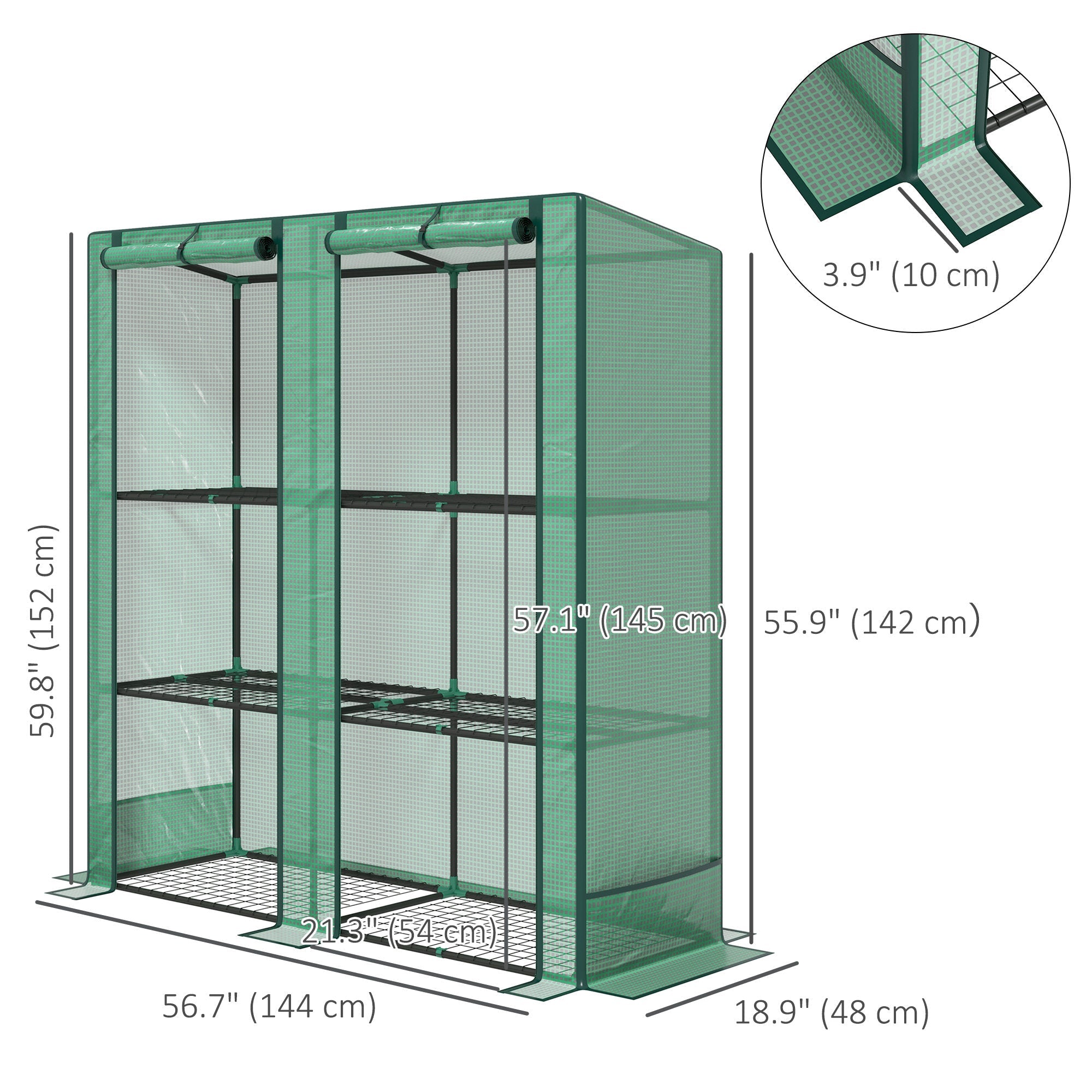 Outsunny Lean-to Greenhouse with 3 Tier Shelves, Mini Greenhouse with 2 Roll-Up Doors for Indoor Outdoor, Green 