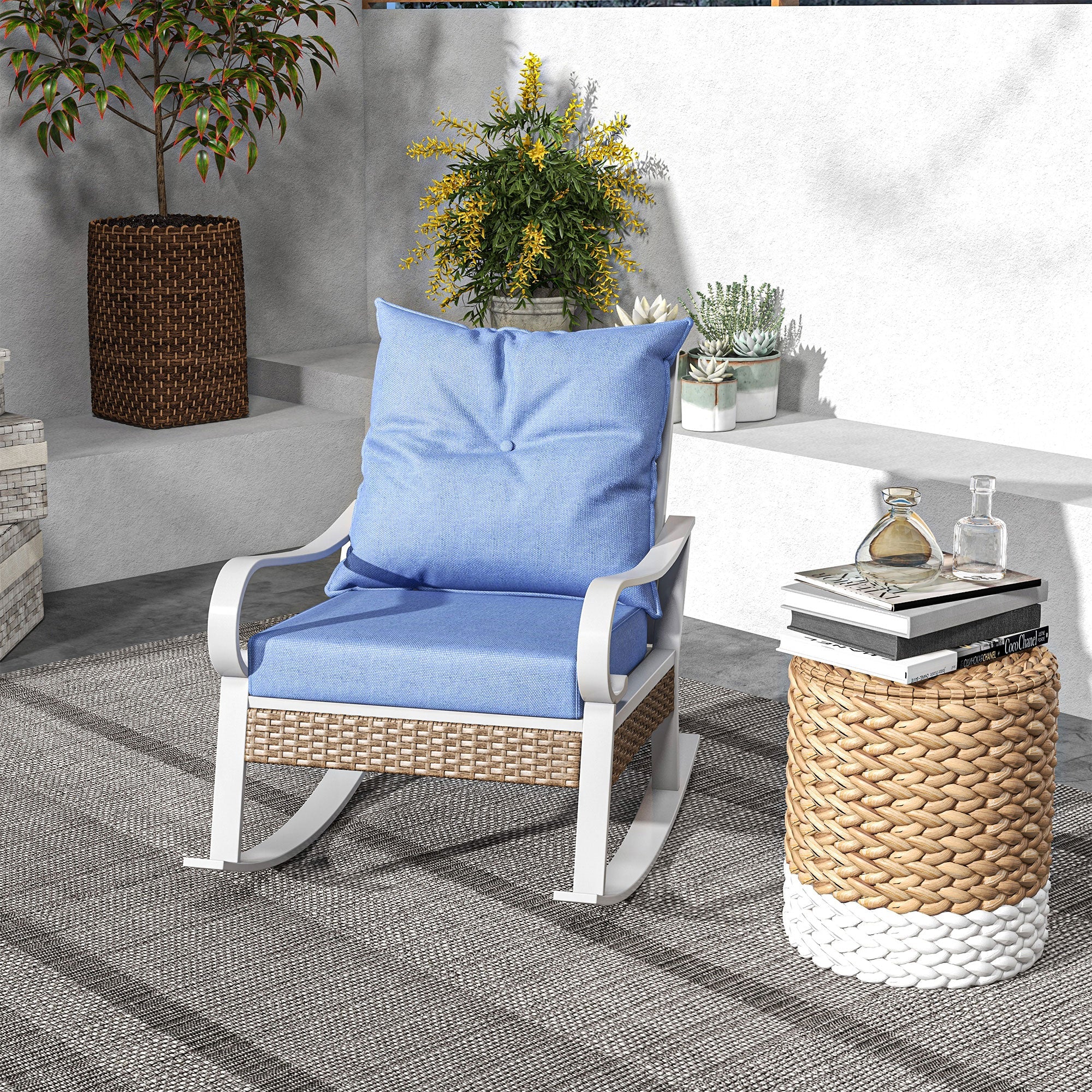 Outsunny Rattan Relaxation: Outdoor Rocking Chair with Plush Cushion, Wide Seat, Inclined Back for Garden, Balcony, Light Blue Finish 