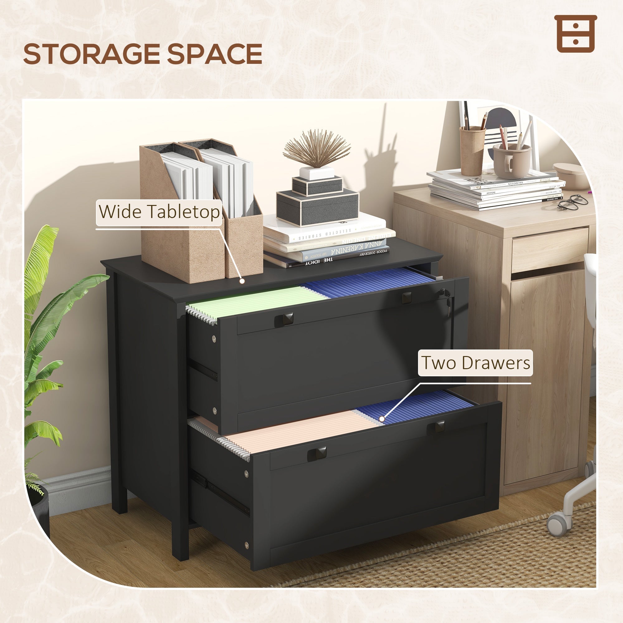 HOMCOM Lockable 2 Drawer File Cabinet for Letter, A4, Legal Size Documents with Adjustable Hanging Bar in Black 