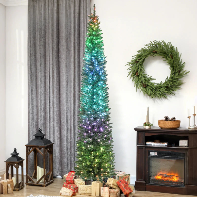 9ft Christmas Tree with Colourful DIY Synchronized LEDs, Hinged Pencil Xmas Tree with Remote, Daily Timer, Green