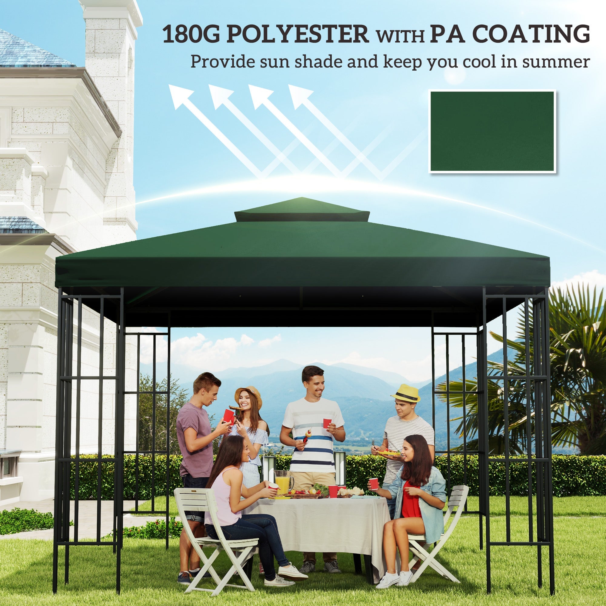 Outsunny 9.8' x 9.8' Square 2-Tier Gazebo Canopy Replacement Top Cover Outdoor Garden Sun Shade, Green 