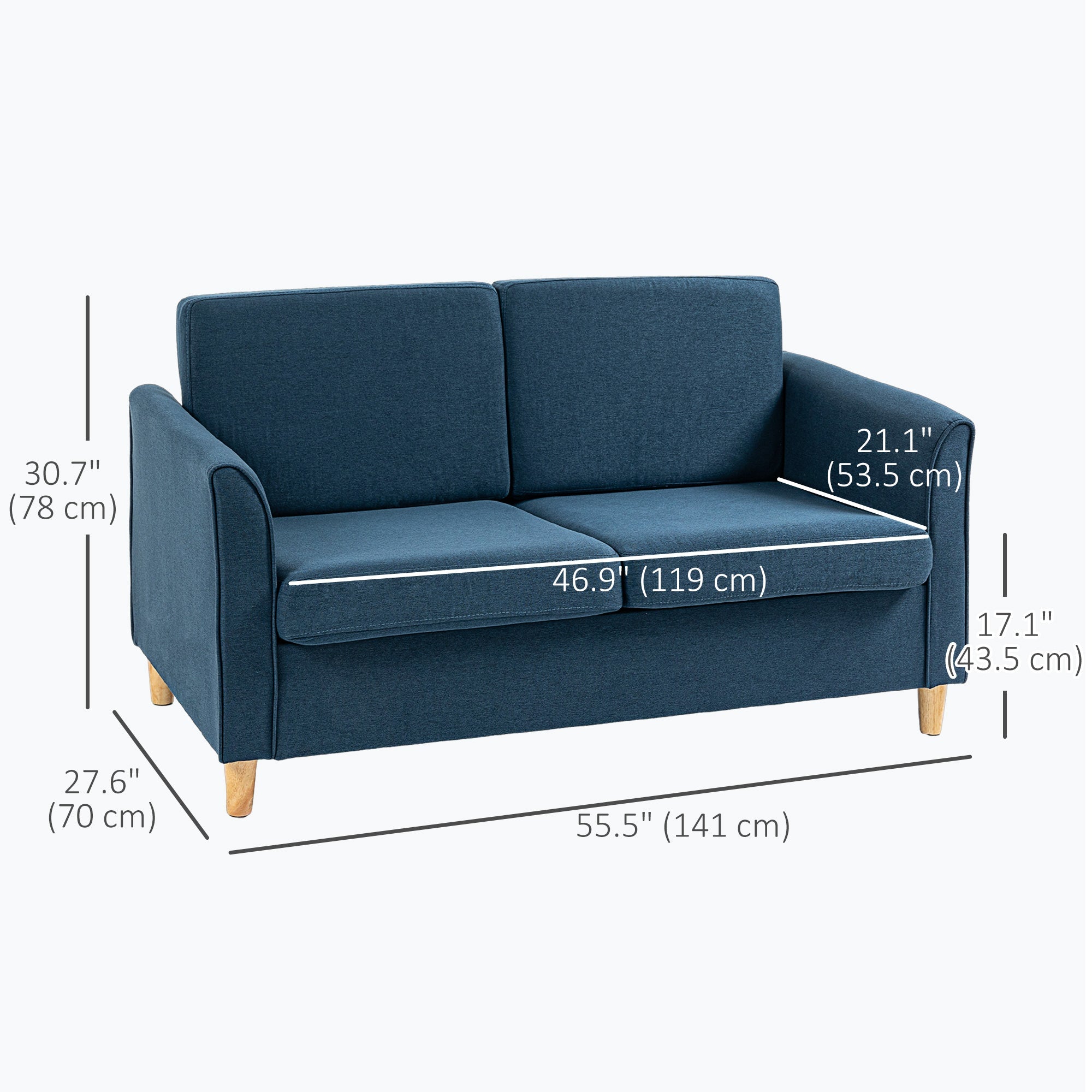 HOMCOM 2-Seat Sofa Two-Seater Couch with Armrests and Wood Legs for Living Room, Bedroom, Blue 