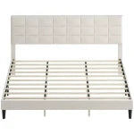 King Size Bed Frame with Upholstered Headboard, Modern Platform Bed Frame with Wood Slats, 1100 lbs Capacity, Grey
