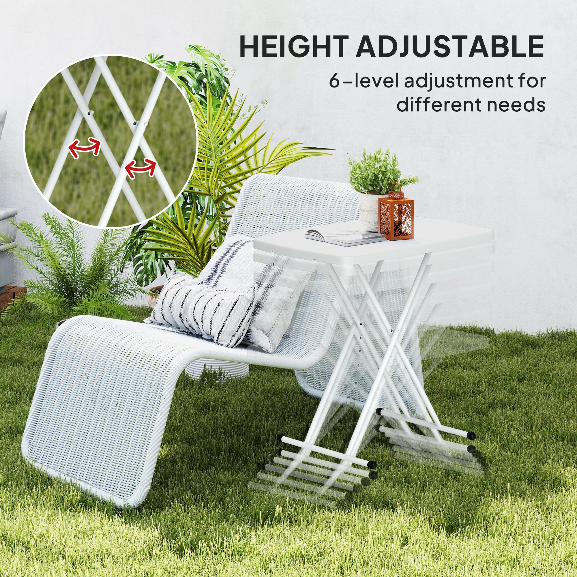 Outsunny Portable Patio Side Table, Height Adjustable Outdoor Side Table, Folding Balcony Table with HDPE Top and Metal Frame for Balcony Poolside Deck, White 