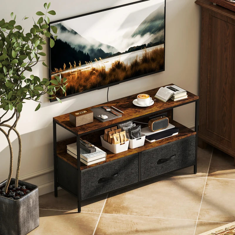TV Stand with Charging Station, TV Table with 2 Foldable Linen Drawers and Open Shelf for 47 Inch TV, Rustic Brown