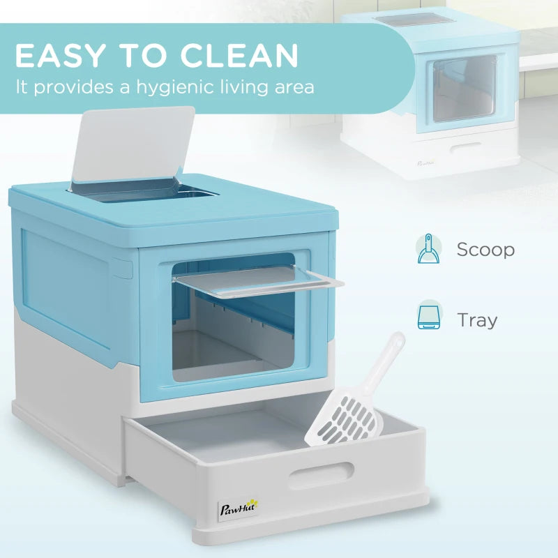 Top Entry Enclosed Kitty Litter Box with Scoop, Tray, Front Entry, Large Space, Foldable, Portable, Blue