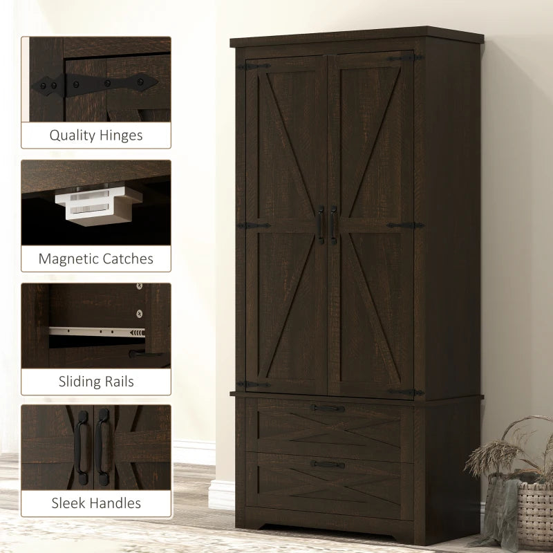 64" Farmhouse Kitchen Pantry Storage Cabinet, two 4-tier door shelves for spice bottles with 2 Drawers, Adjustable Shelf, Distressed Dark Brown