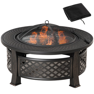 Outsunny Outdoor Fire Pit, Firepit with Grill Net, Mesh Lid, Poker, for Camping, Bonfire, Picnic, Bronze 