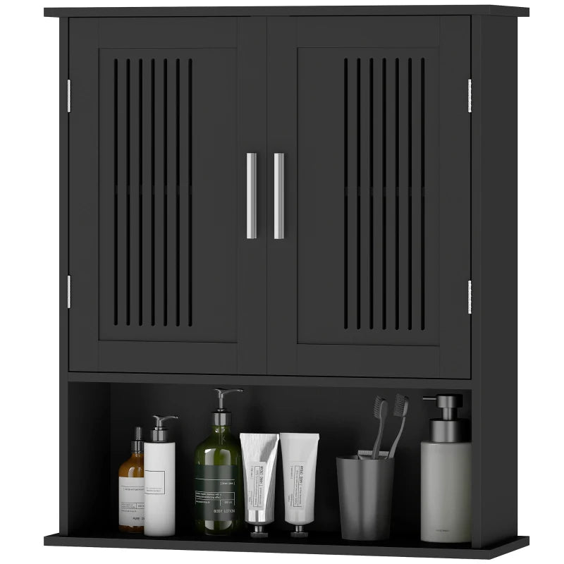 Modern Wall Mount Bathroom Cabinet, Storage Organizer with 2 Door Cabinet and Shelf, Black