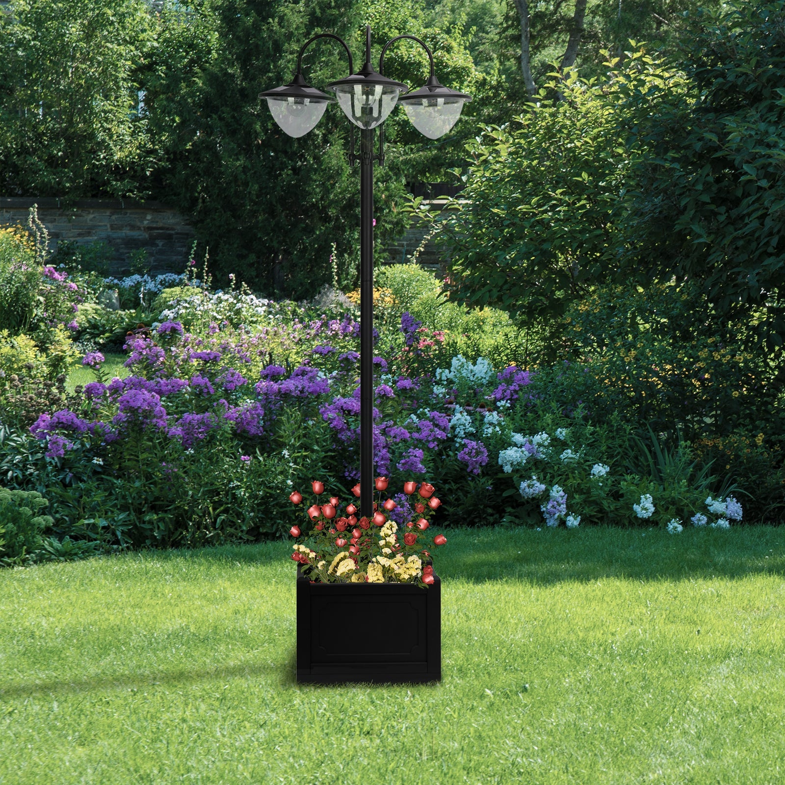 Outsunny Solar Lamp Post, 3-Head LED Garden Light with Built-In Planter & Battery for Garden Decoration, Black 
