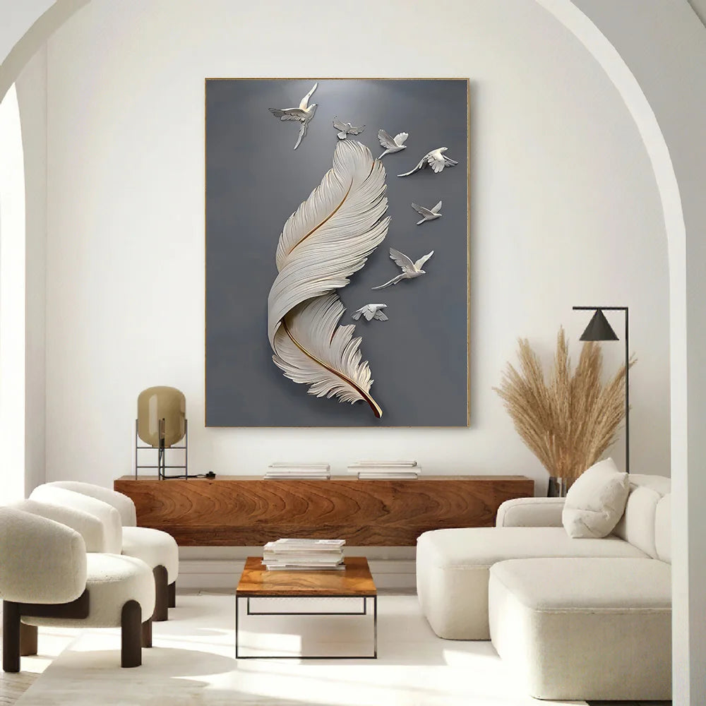 3D Effect Feather Pigeon Canvas Painting – Modern Wall Art Poster, Abstract Minimal Picture, for Living Room Home Decor 