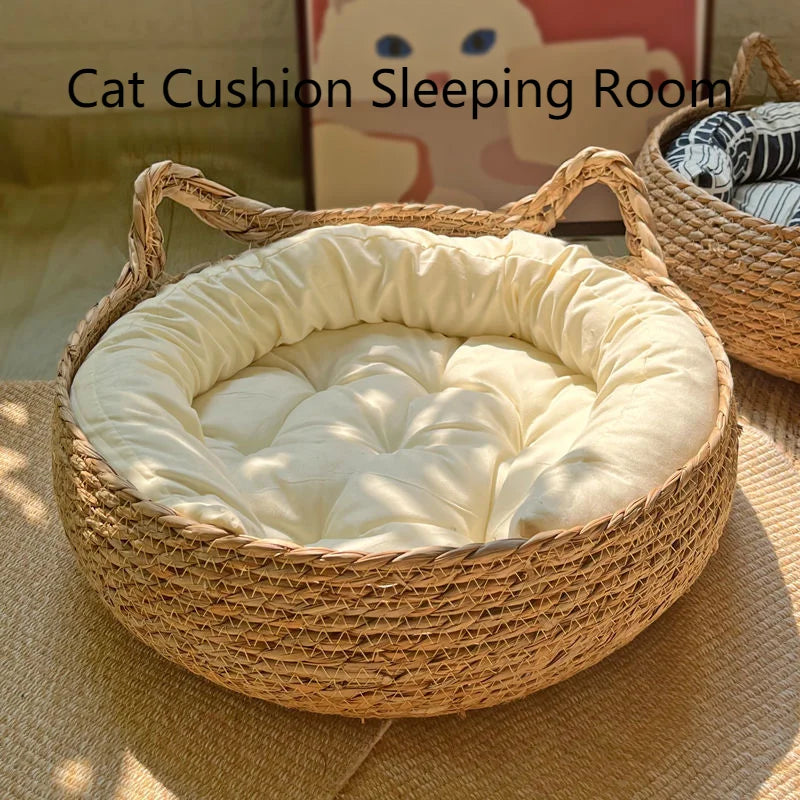 Four Seasons Cat Bed Woven Removable Upholstery Sleeping House Cat Scratch Floor Rattan Washable Cats Pet Products Accessories 