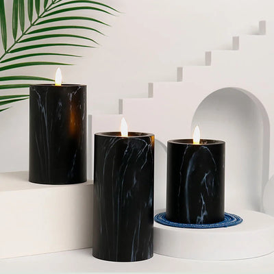 Φ7.5cm Marbling Pillar Candle Warm White LED Atmosphere Lamp For Wedding Christmas Party 3AAA Outdoor Event Landscape Decor Lamp 