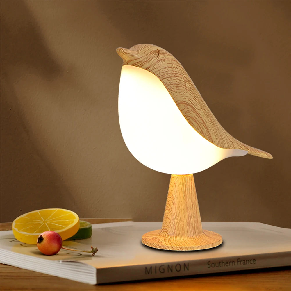 Modern Simple Magpie LED Bedside Lamp - Cordless Wooden Bird Night Light with Touch Control for Bedroom