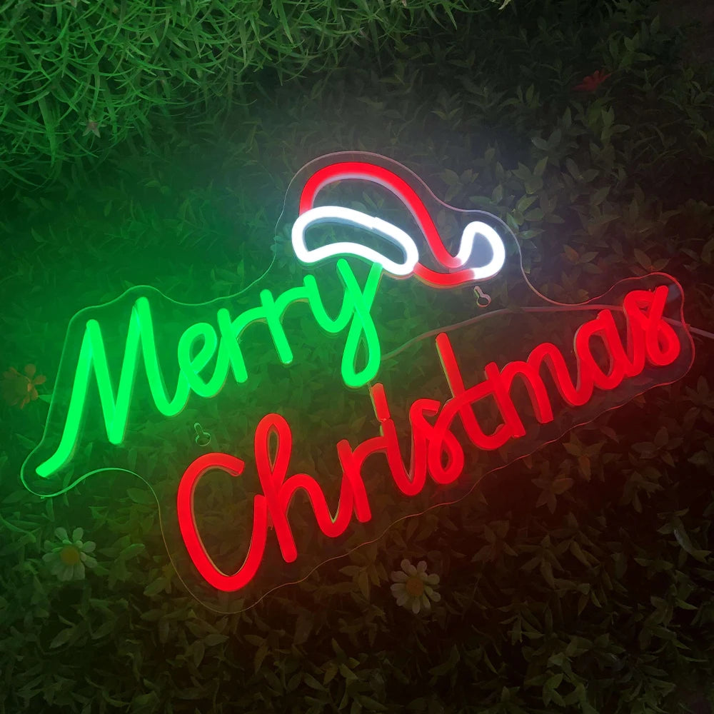 Merry Christmas Neon Sign Christmas Hat LED Sign Light Art Night Light for Party Kids Bedroom Bar Pub Club Christmas Decor Neon