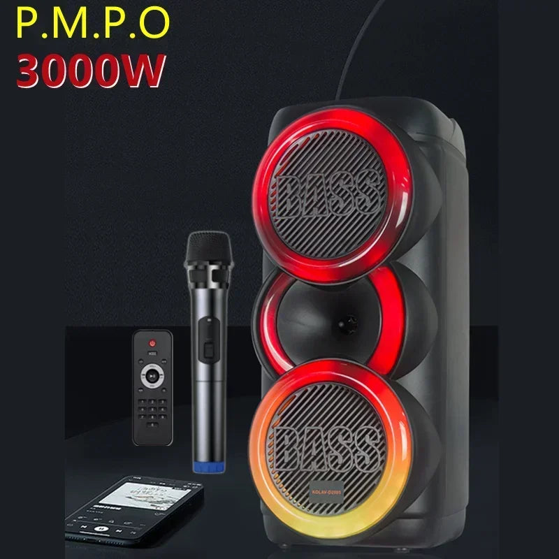 Bluetooth Portable Speaker – 3000W Peak Power, Dual 8-Inch LED Color Lights, Karaoke Outdoor Party Speaker, Wireless Subwoofer