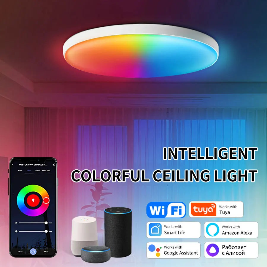 Tuya WiFi Smart LED Ceiling Light – AC220V, 24W RGB, Round Light for Bedroom and Living Room, Compatible with Alexa and Google Home