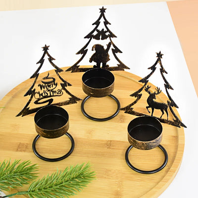 1Pc Christmas Candle Holder Ron Art Hollow Xmas Tree Santa Claus Elk Projection Candlestick Merry Christmas Party Decor Navidad 