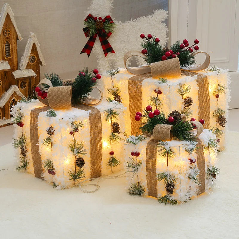 3pcs/Set Hollowed Out Christmas Decoration Led Gift Box With Bow Lights Iron Box Art Home Outdoor Mall Gift Home Party Supplie