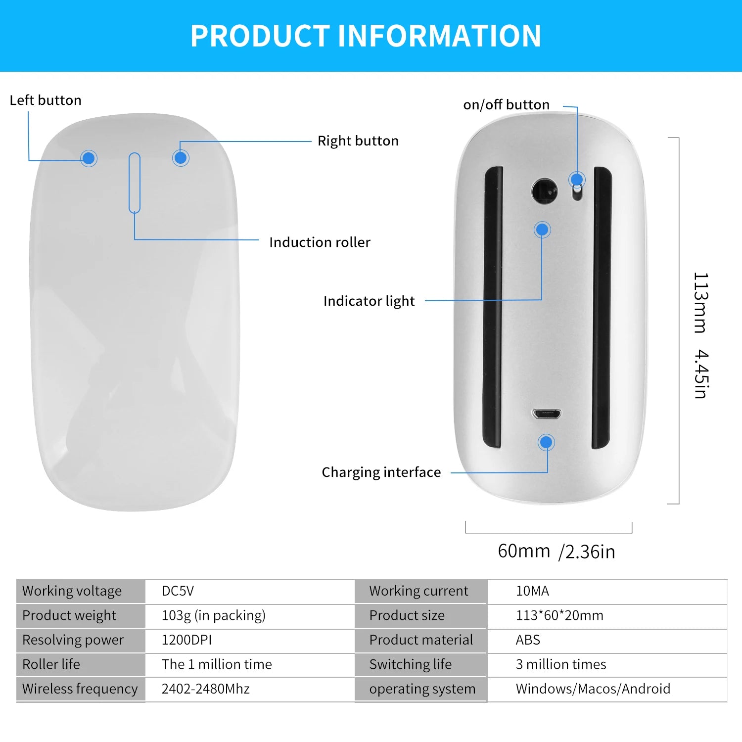 Bluetooth 4.0 Wireless Mouse – Rechargeable, Silent, Multi-Arc Touch, Ultra-Thin Magic Mouse for Laptop, iPad, Mac, PC, MacBook