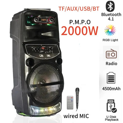 QS 6802 Outdoor Party Active Bluetooth Speaker - 8 Inch Wireless Portable, 2000W Peak Power Subwoofer, Column Radio Speaker with Mic 