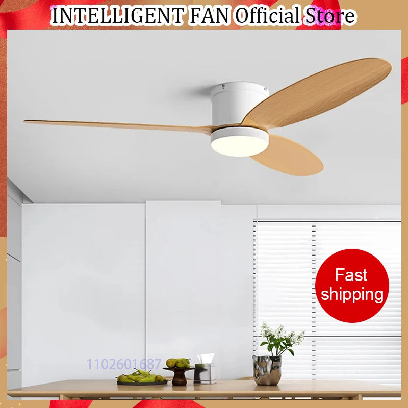 52-Inch Low Floor Ceiling Fan Light – Black DC Motor, Remote Control, LED Lights, Indoor Restaurant, 110V/220V, With Fan Chandelier