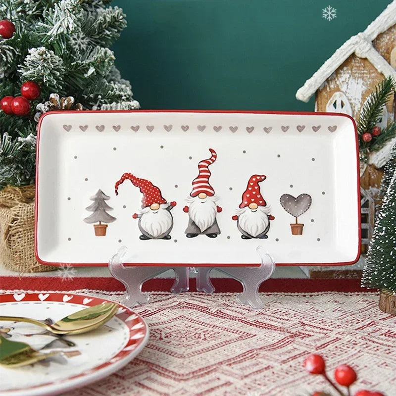 Rectangular Ceramic Dinner Plate Christmas Plate Santa Claus Pattern Afternoon Tea Dessert Tray Kitchen Steak Plate Tableware 