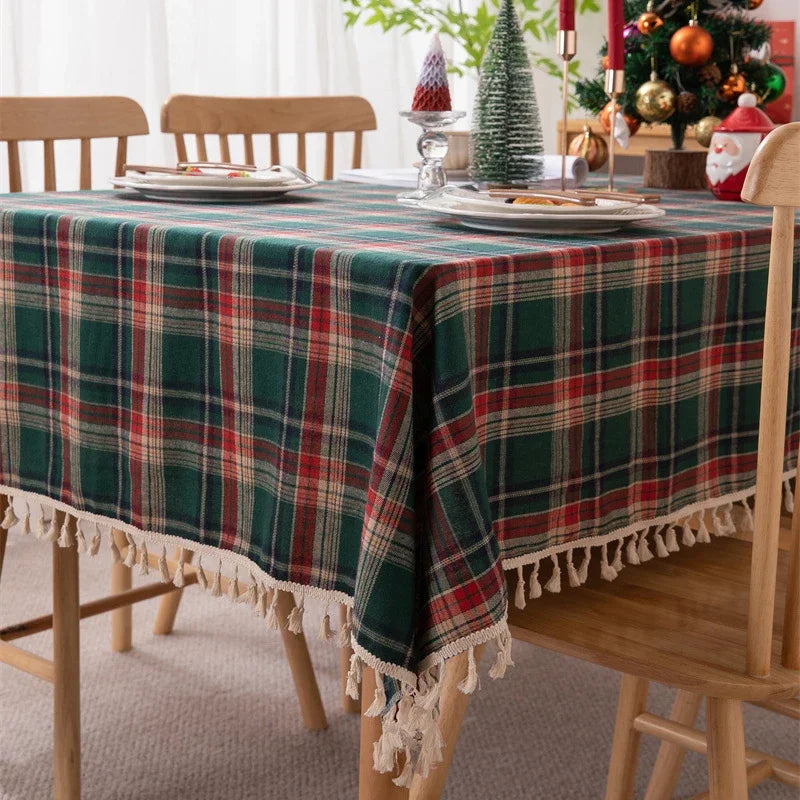 Christmas tablecloth Green Plaid Photo Atmosphere Resort Home Textile 2024 New Year table cover for Family Gathering Restaurant