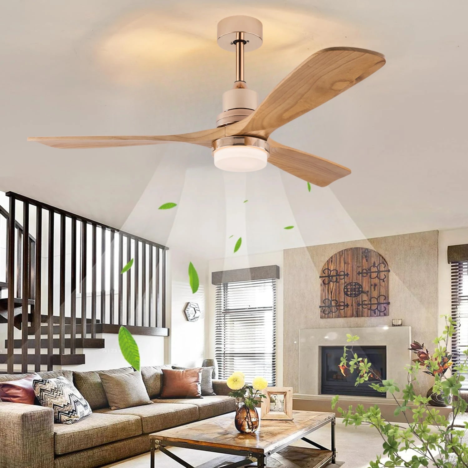 52-Inch Wood Ceiling Fan with 3 Blades – Remote Control, Vintage Style, Indoor Use, with Light 