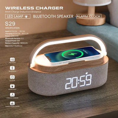 COSLUR S29 Bluetooth Speaker – 2500mAh Battery, 15W Wireless Charging, Digital Clock Display, Night Light, Alarm Clock 