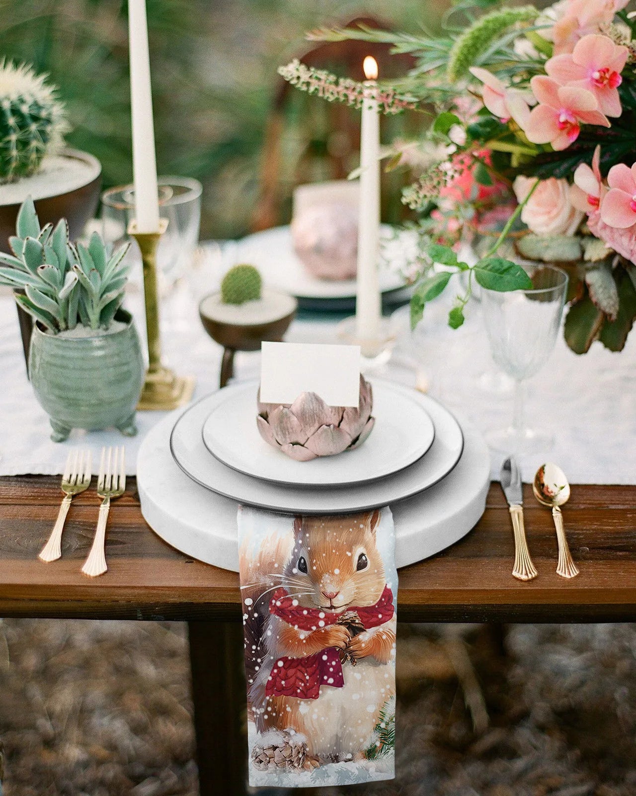 Winter Snow Pine Cone Squirrel Table Napkins Cloth Set Handkerchief Wedding Party Placemat Xmas Banquet Tea Napkins 