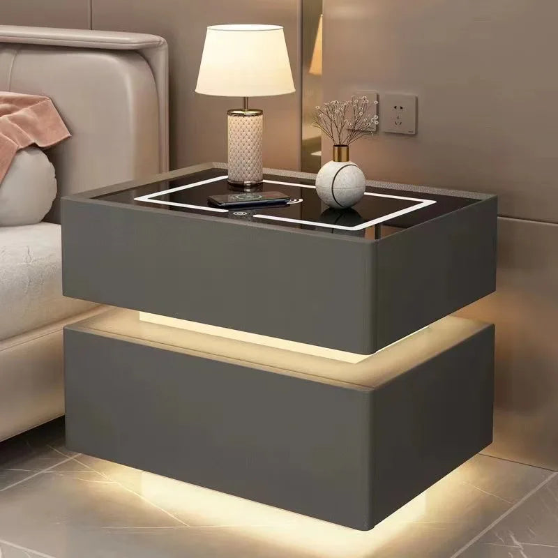 Modern Style Solid Wood Bedside Table with Wireless Charging - Smart Nightstand with 2 Drawers and Lock, 40cm