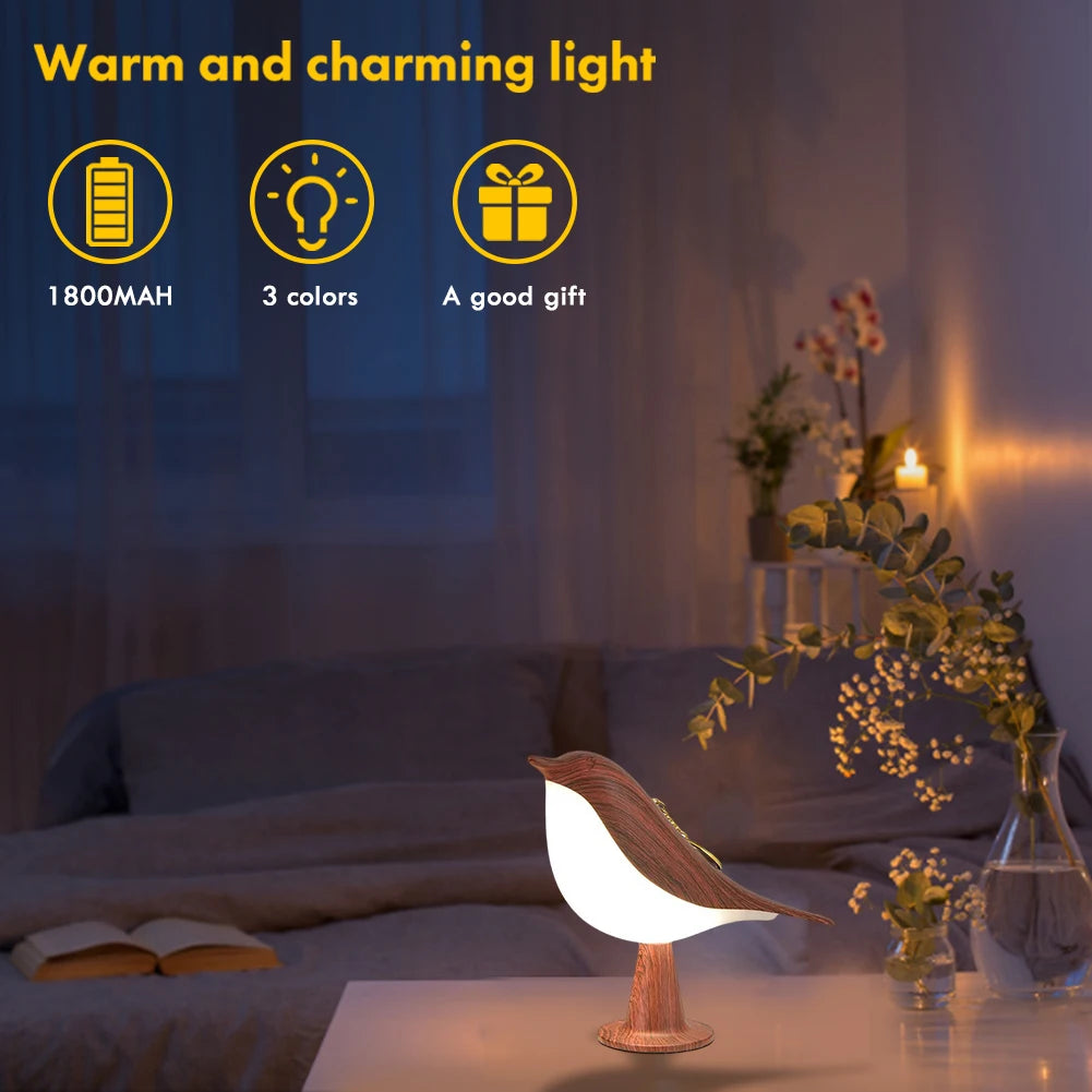 Modern Simple Magpie LED Bedside Lamp - Cordless Wooden Bird Night Light with Touch Control for Bedroom