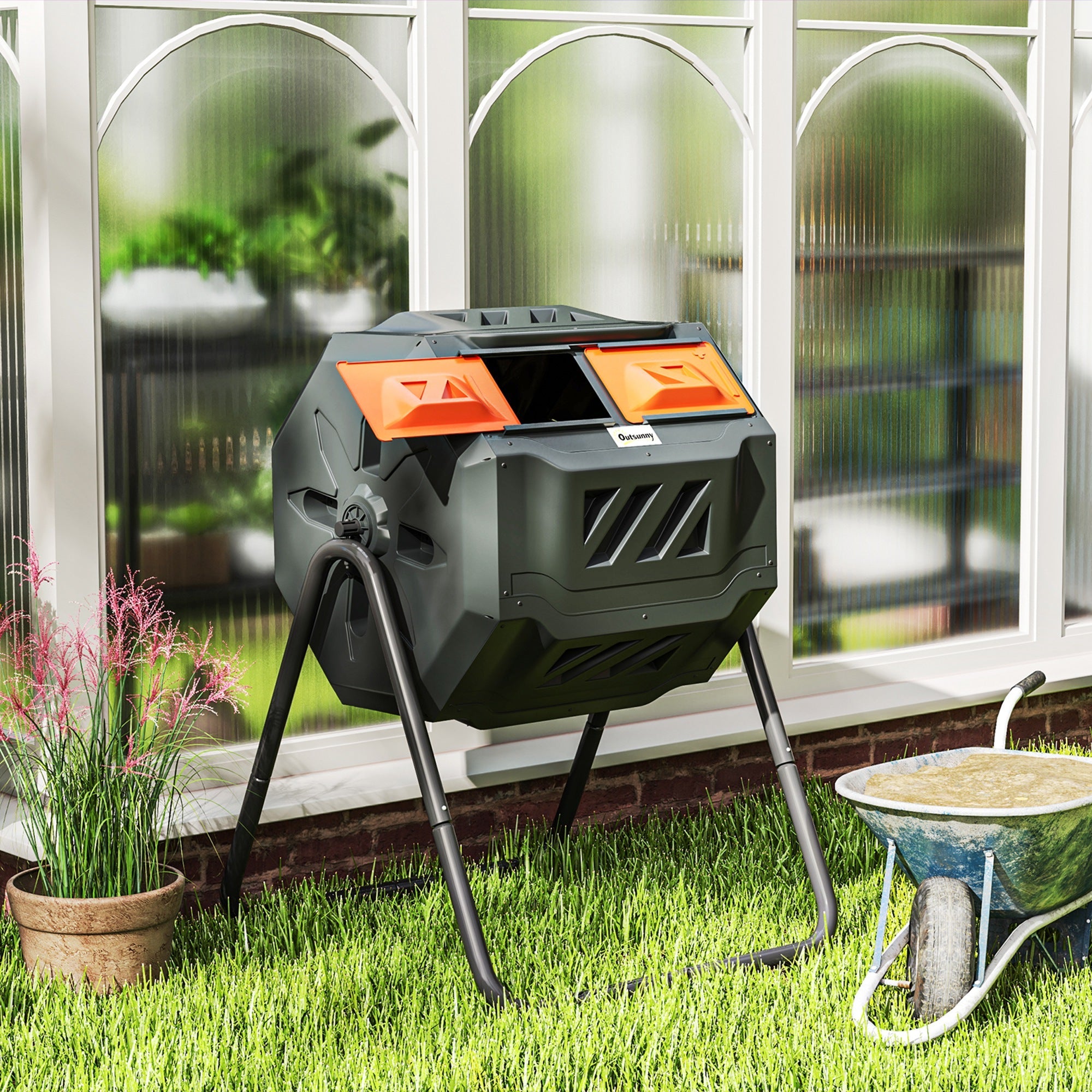 Outsunny Tumbling Compost Bin Outdoor Dual Chamber 360° Rotating Composter 43 Gallon with Sliding Doors, Orange 