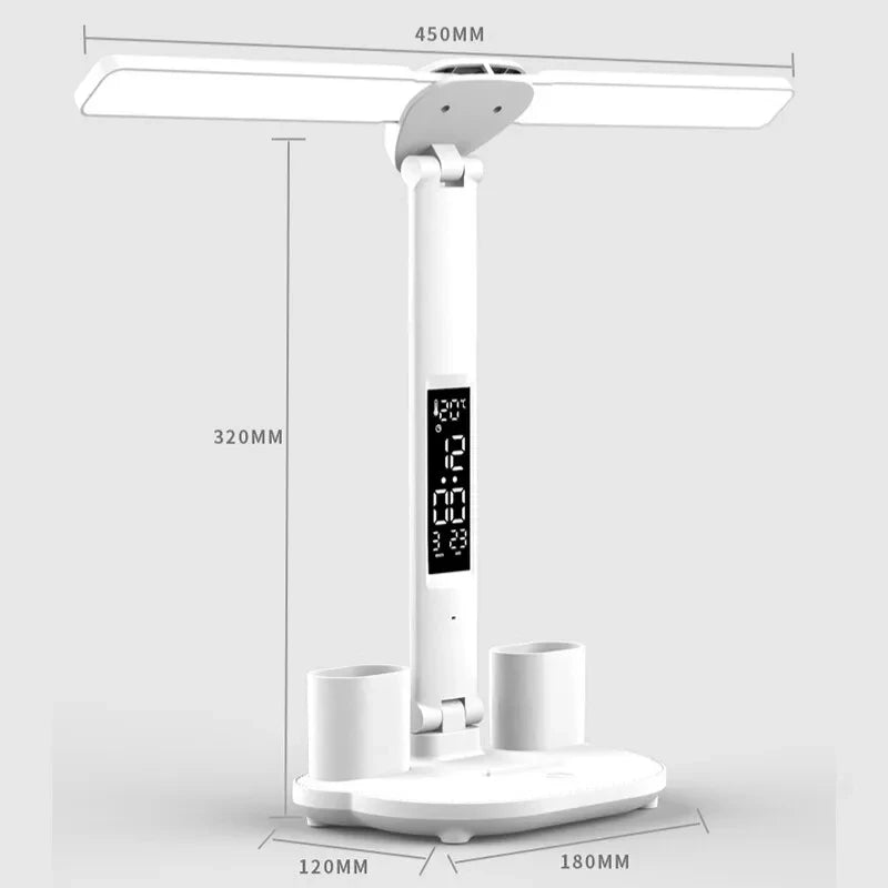 LED Clock Table Lamp - USB Chargeable Dimmable Desk Lamp with 2 Heads, 180° Rotation, Foldable, Eye Protection Reading Night Light